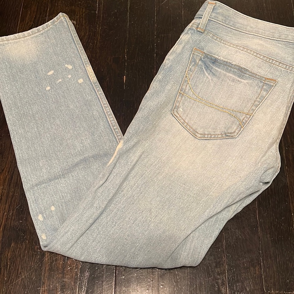 Men's Hollister Button Fly Faded Light Blue Distressed Detail Denim Skinny Jeans